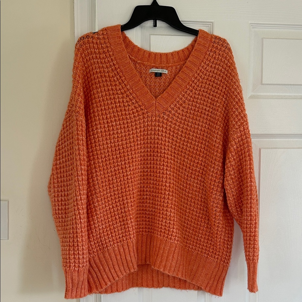 American Eagle Outfitters Orange V-Neck Waffle Knit Sweater